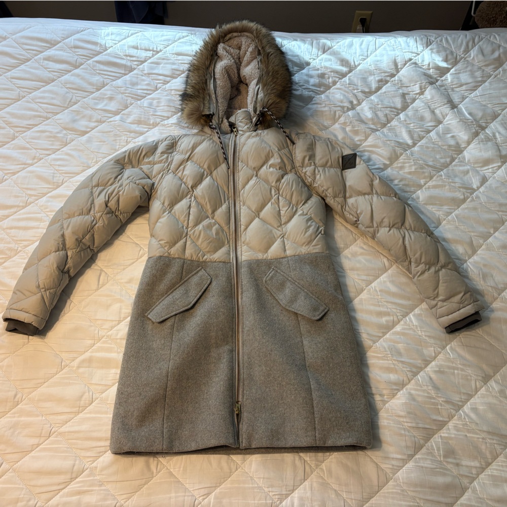 Eddie Bauer Lanely Hybrid Parka women’s wool and puffer parka with faux fur hood